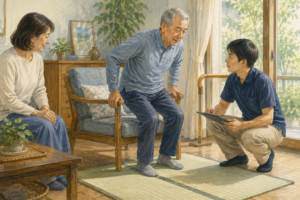 退院後の自宅で立ち上がり動作と生活環境を確認する理学療法士