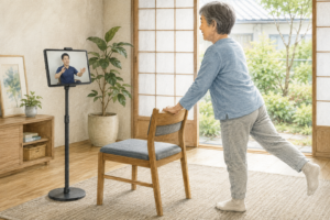 タブレットを使い自宅でオンラインリハビリを受ける高齢者