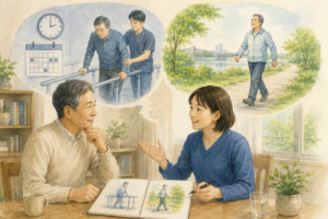 自費リハビリと保険リハビリの違いを説明する理学療法士と利用者