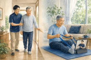 訪問リハビリとオンラインリハビリの利用場面を比較したイラスト